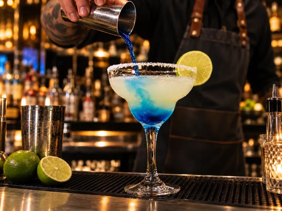 Drink azul sendo servido no balcão